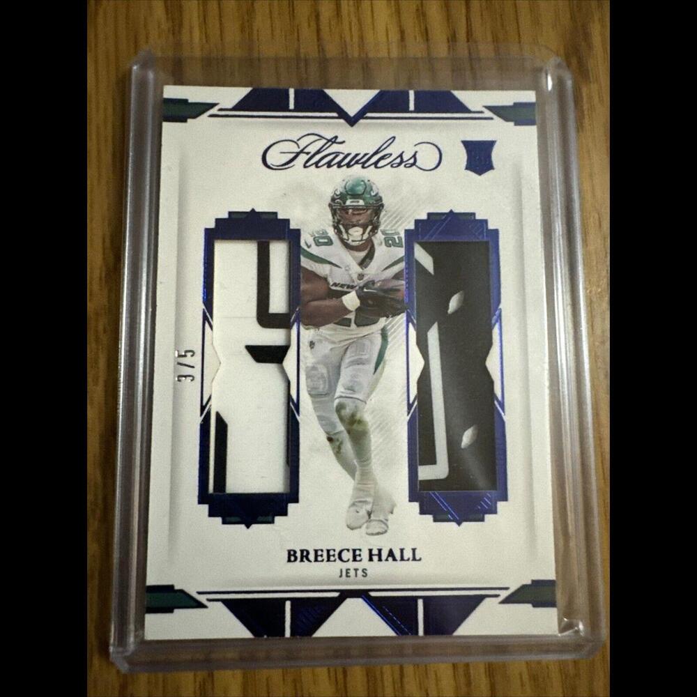 BREECE HALL 2022 PANINI FLAWLESS ROOKIE DUAL PATCH Sapphire/5 RC JETS